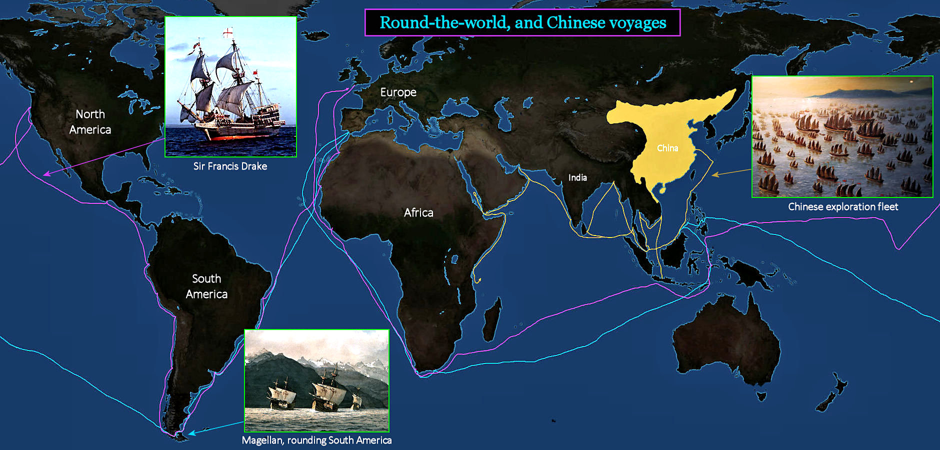 Magellan, Drake and Chinese voyages, map
